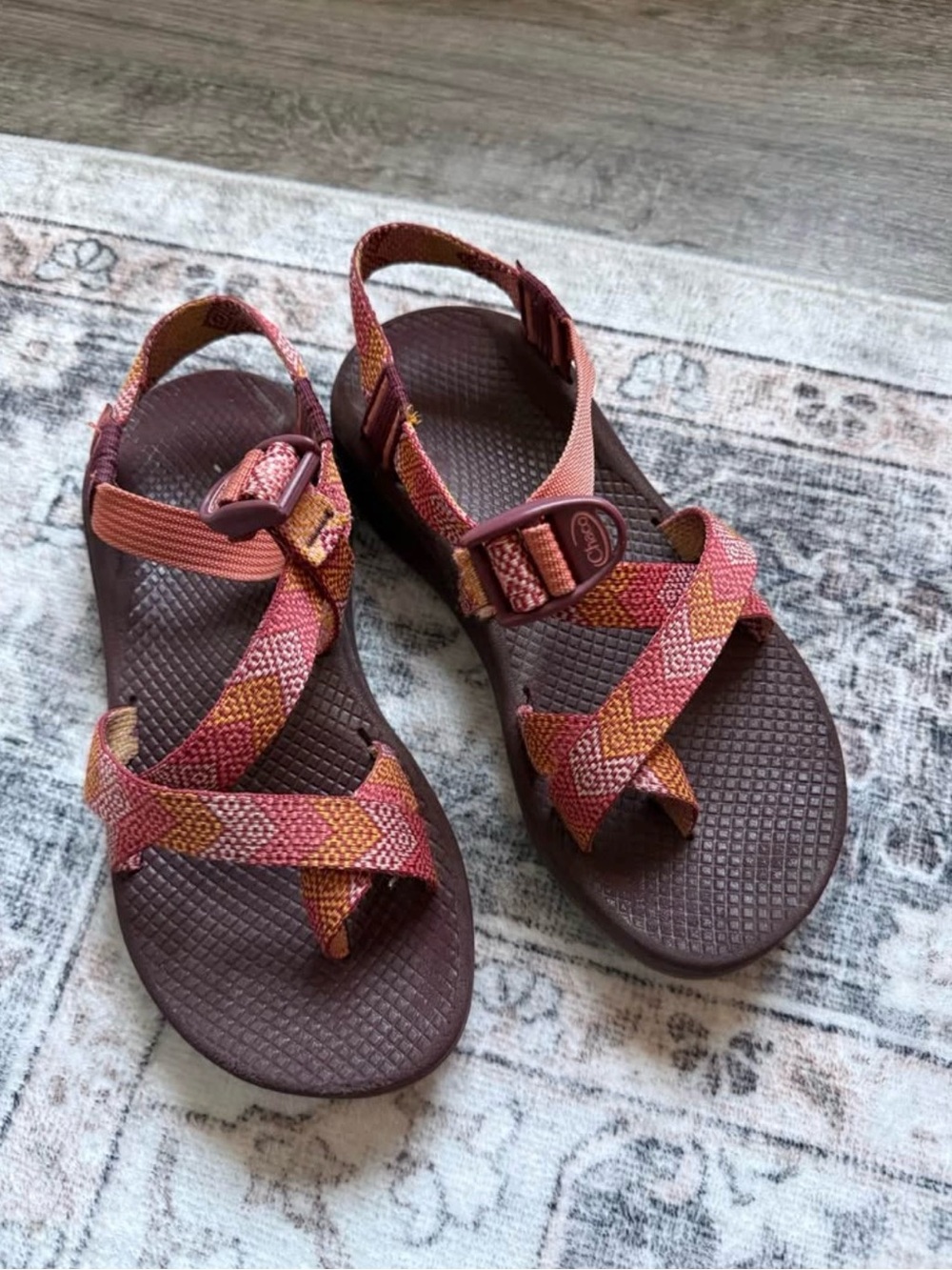 Chaco Women's Strappy Sandal in Pink and Brown Patterned Webbing